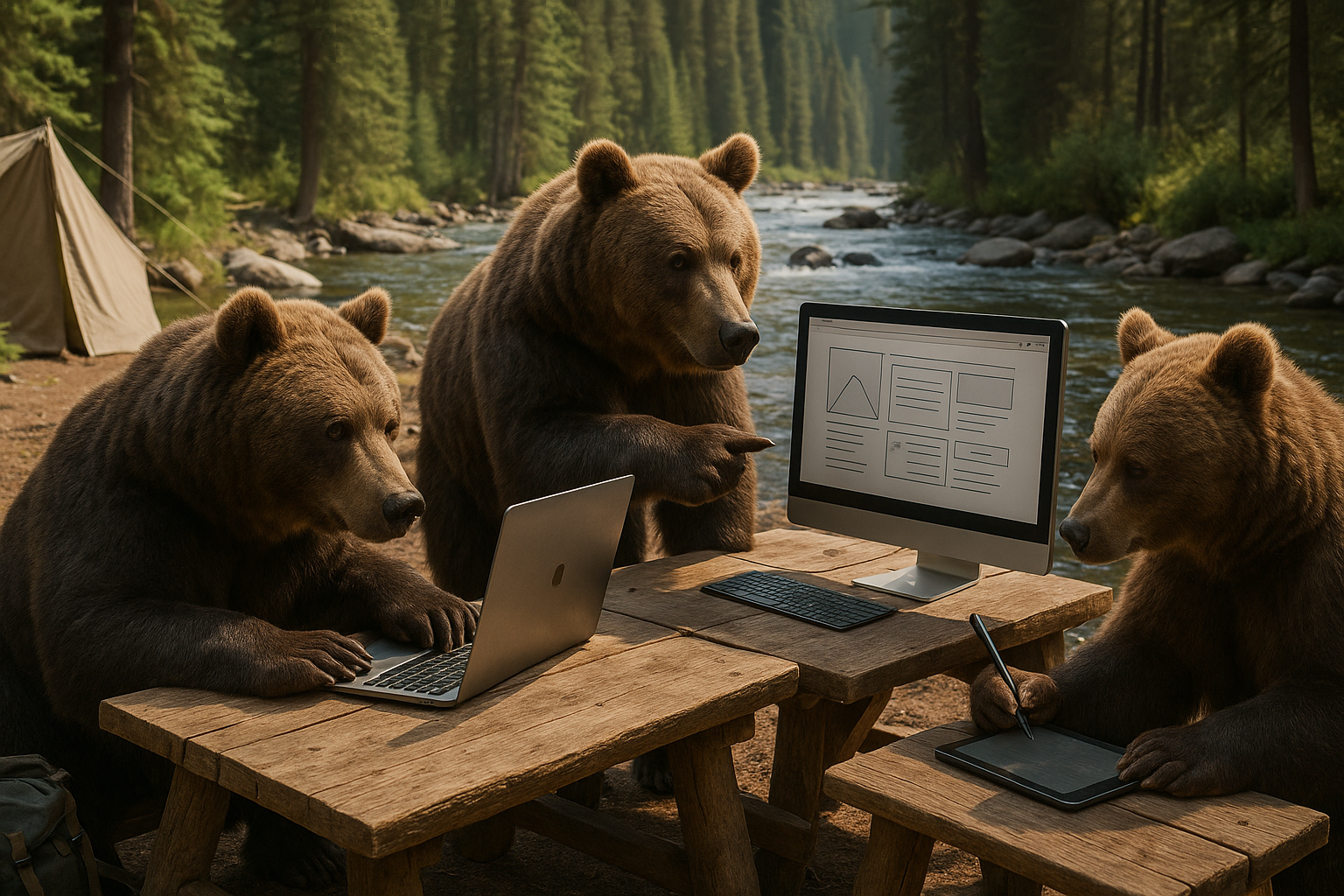 a life like photo of bears at a camp by a river making a website , they need to be working as a team on it, like they are pros